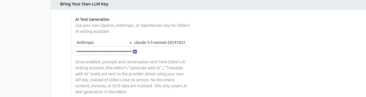 BYOK Gateway's settings screen: pick a provider, model, and paste your key