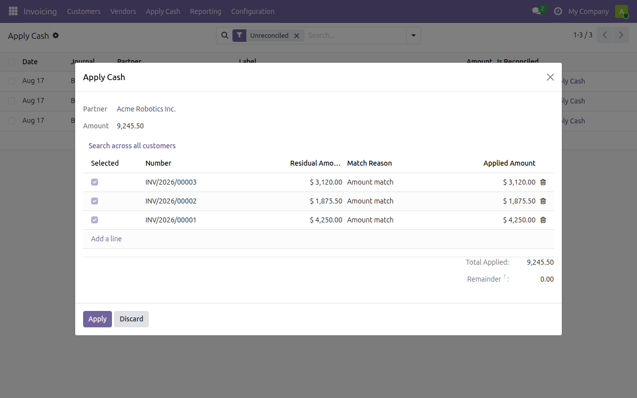 A lump-sum deposit matched across three open invoices