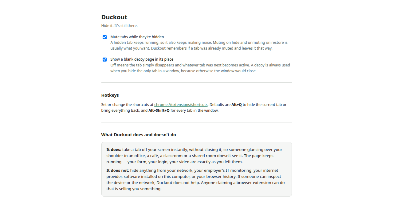 Duckout's options: mute hidden tabs, show a decoy page, and hotkeys