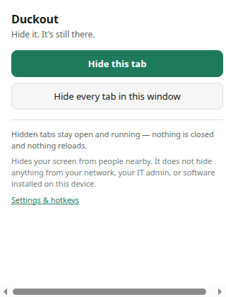 Duckout's popup: hide this tab, or hide every tab in the window