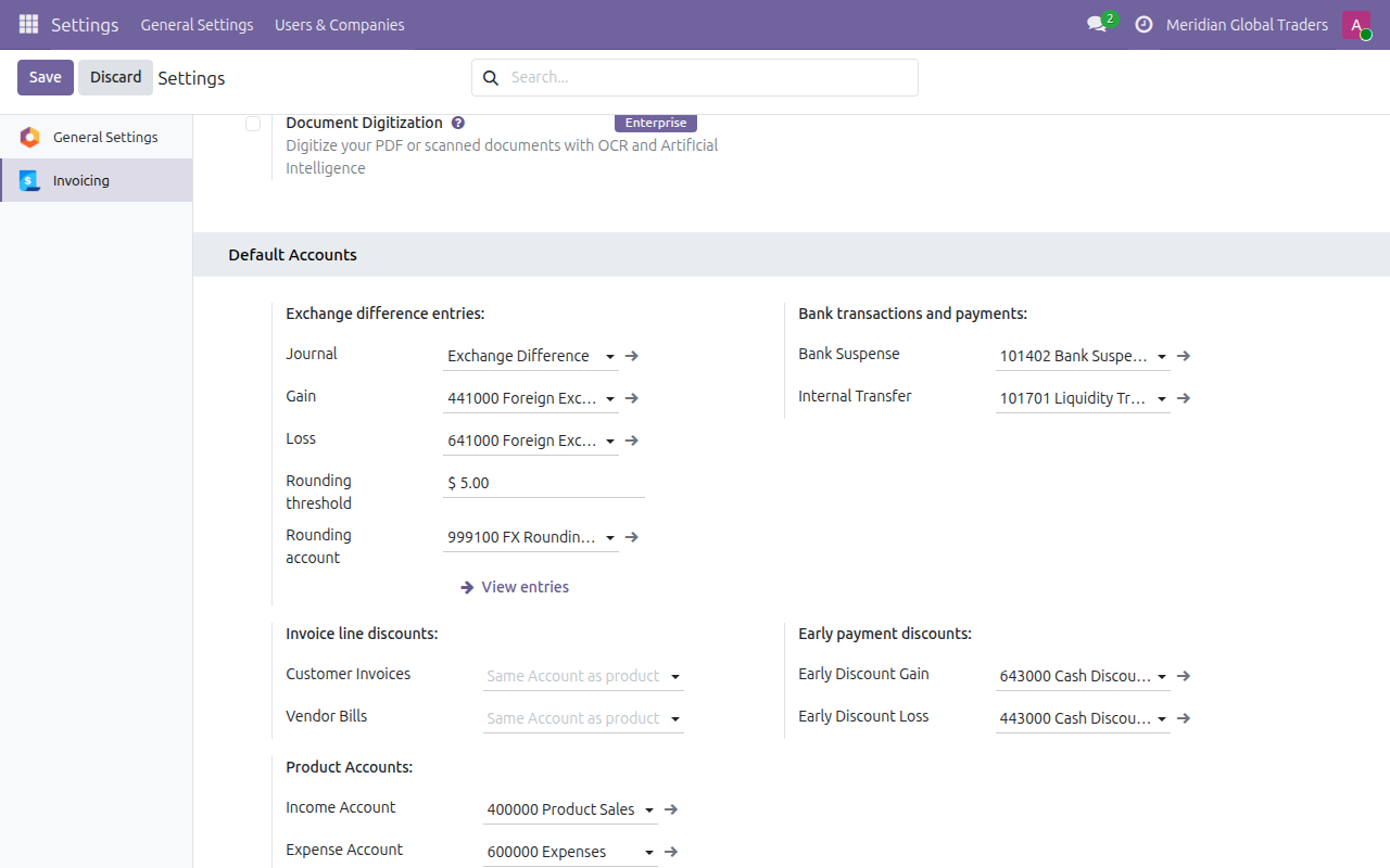 The full Accounting Settings screen, next to Odoo's own exchange-difference settings