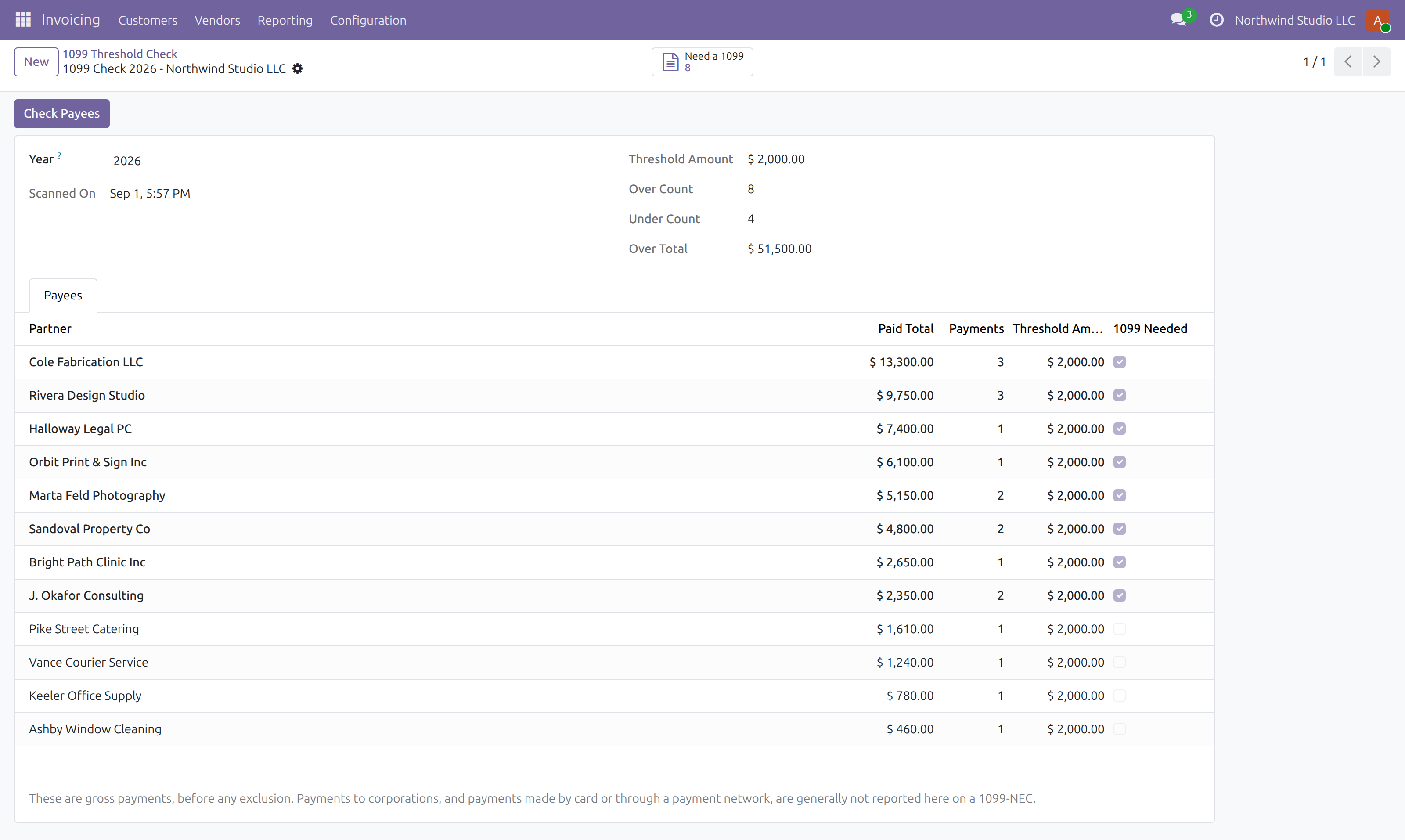 1099 Threshold Check in Odoo — screenshot check