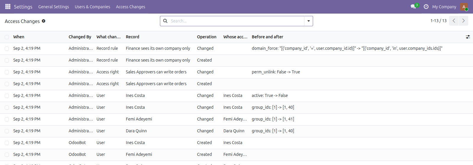 Access Change Log in Odoo — screenshot changes