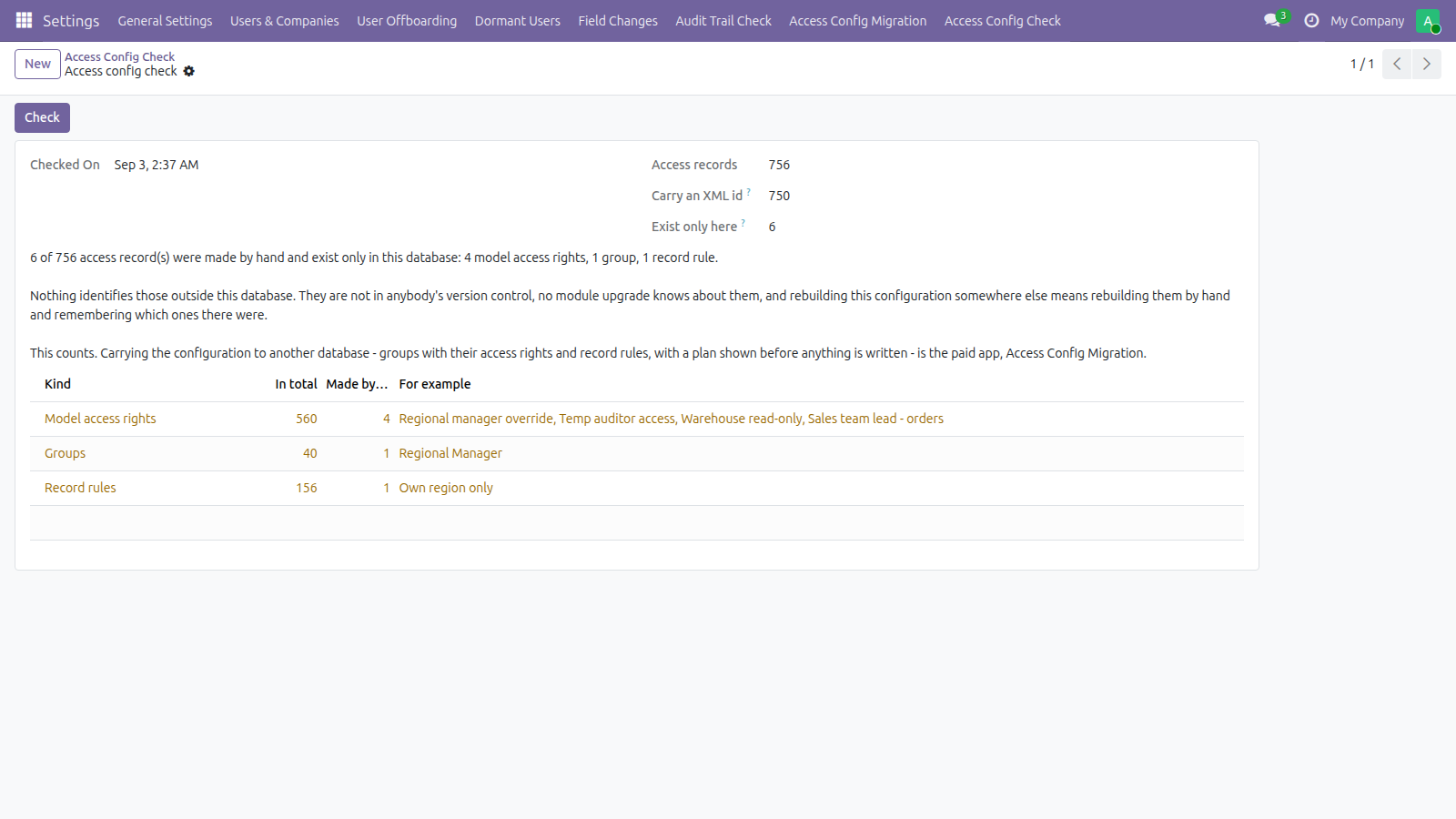 Access Config Check in Odoo — screenshot check