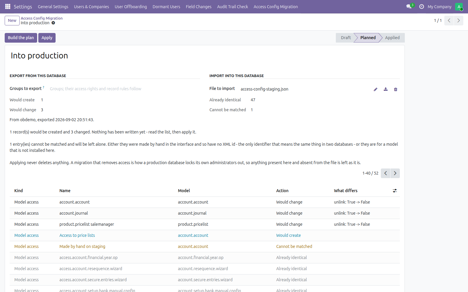 Access Config Migration in Odoo — screenshot plan