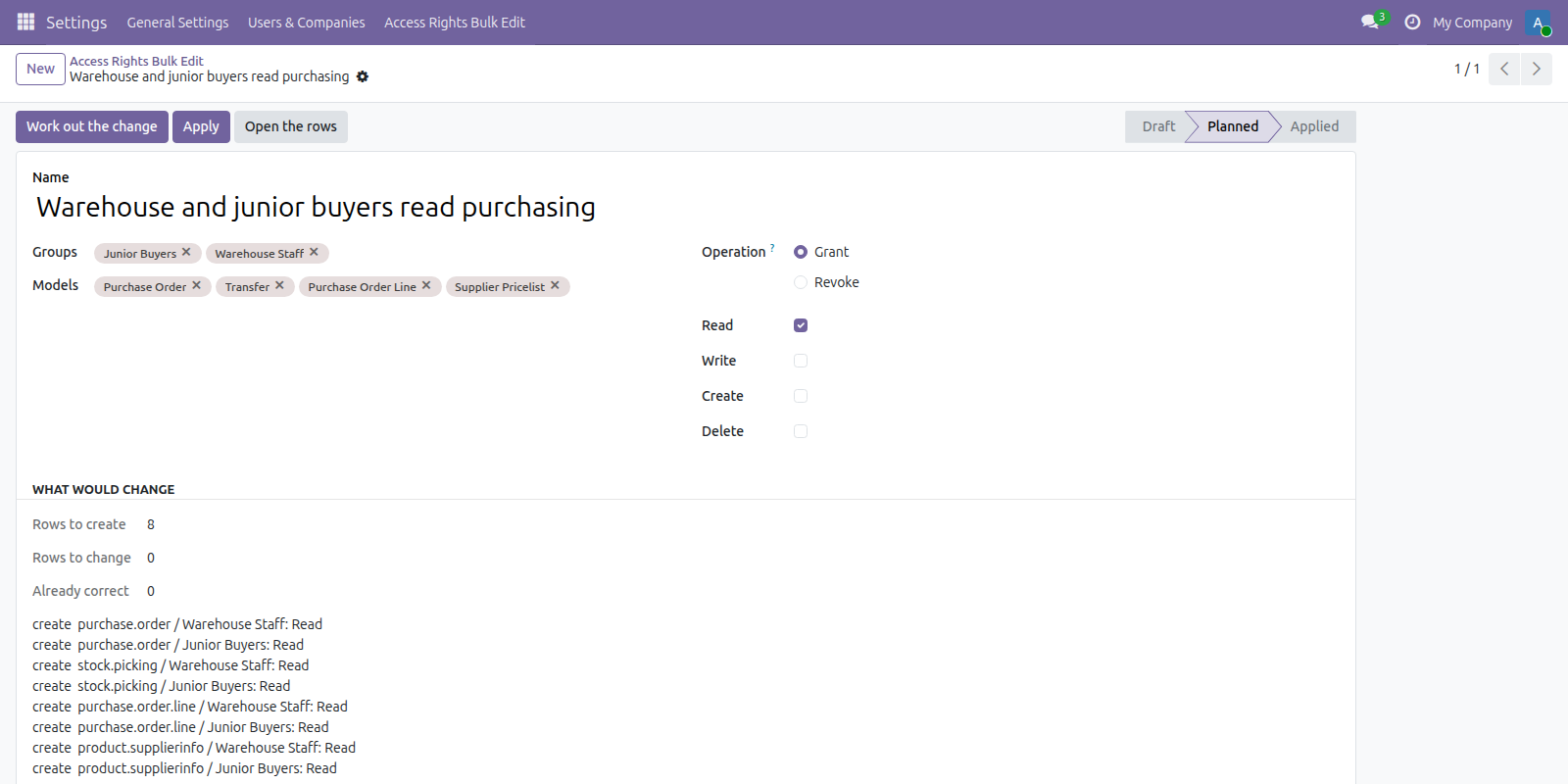 Access Rights Bulk Edit in Odoo — screenshot plan