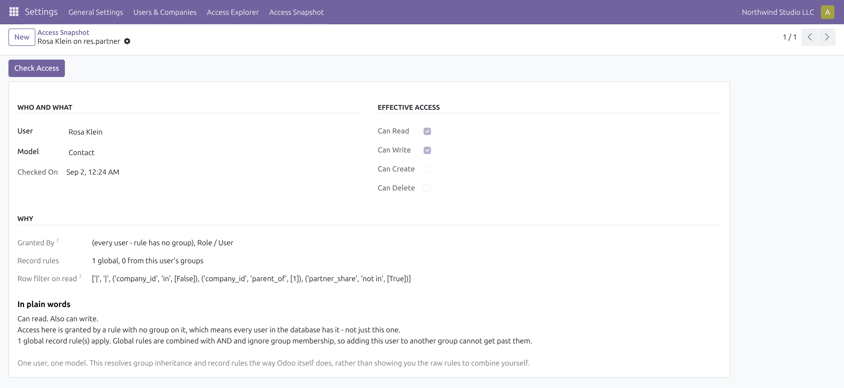 Access Snapshot in Odoo — screenshot snapshot