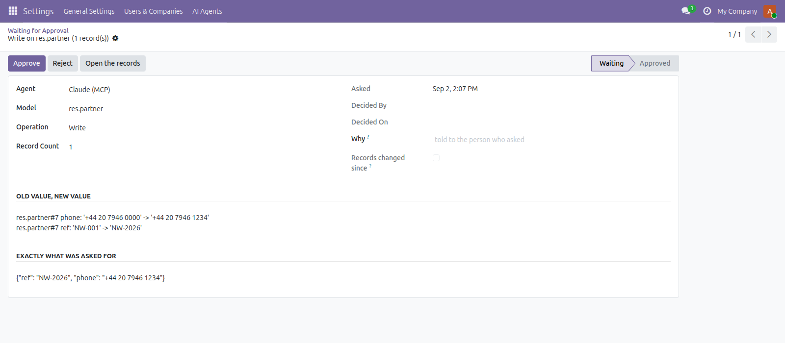 AI Agent Approvals in Odoo — screenshot requests