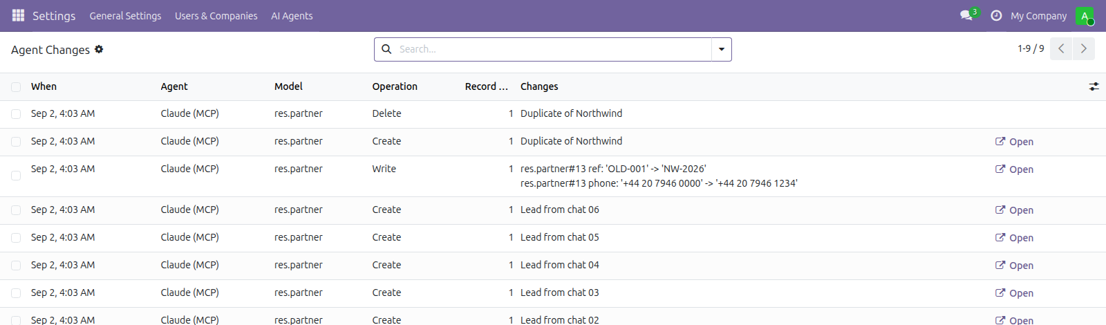 AI Agent Guardrails in Odoo — screenshot log