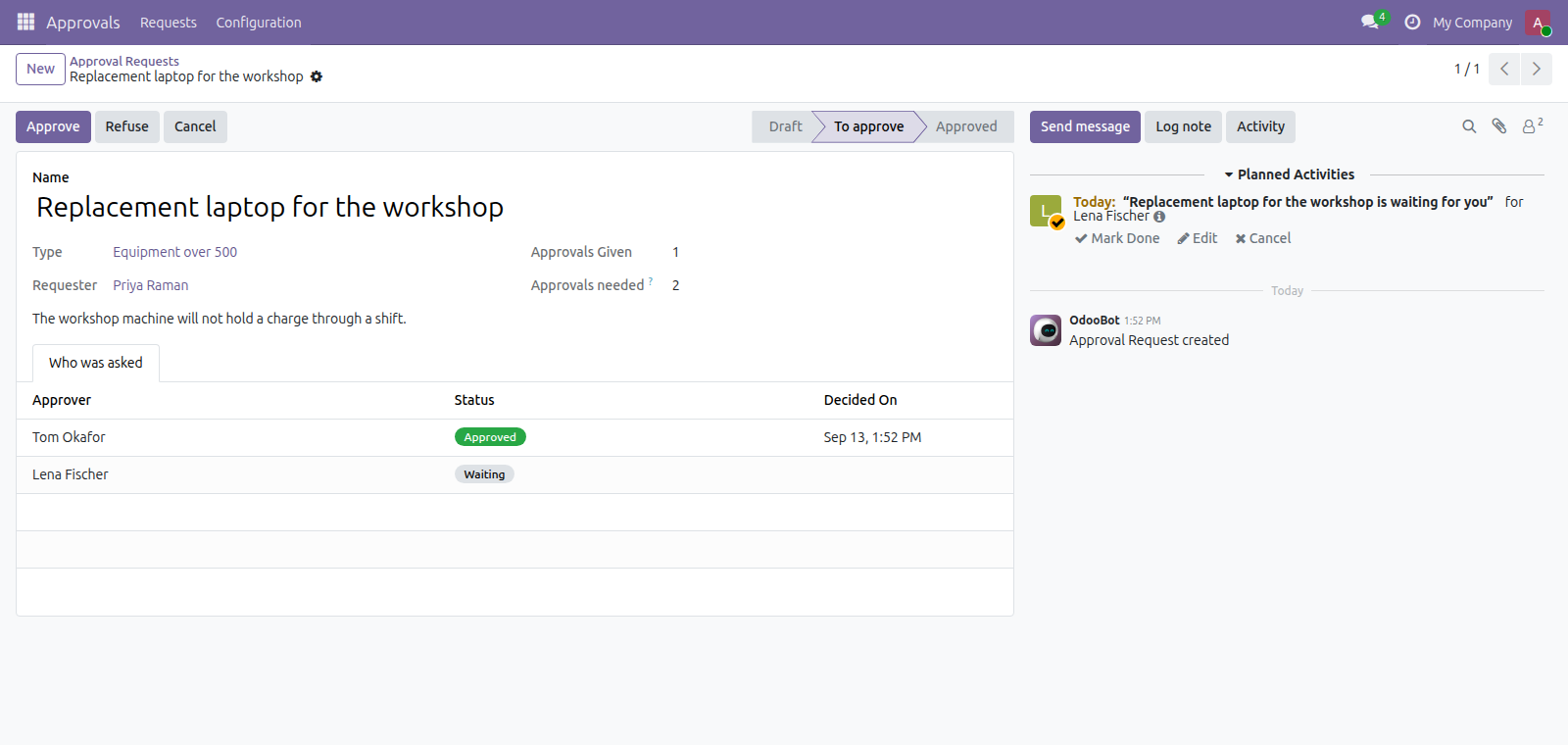 Approval Requests in Odoo — screenshot request