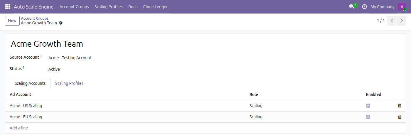 Auto Scale Engine in Odoo — screenshot account group