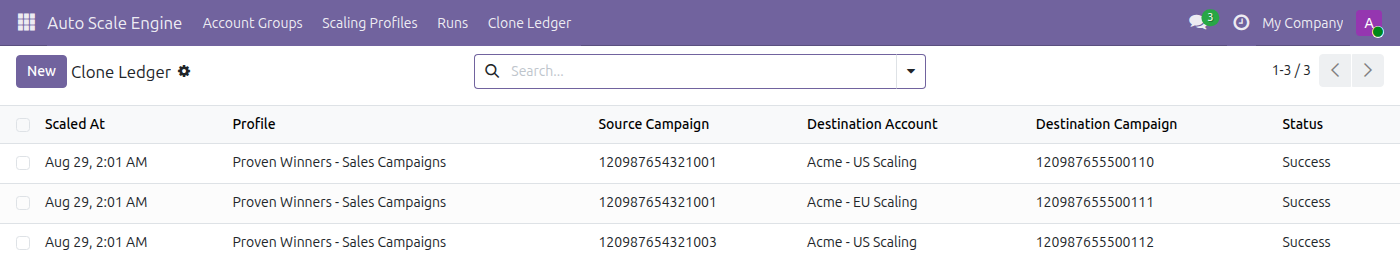 Auto Scale Engine in Odoo — screenshot clone ledger