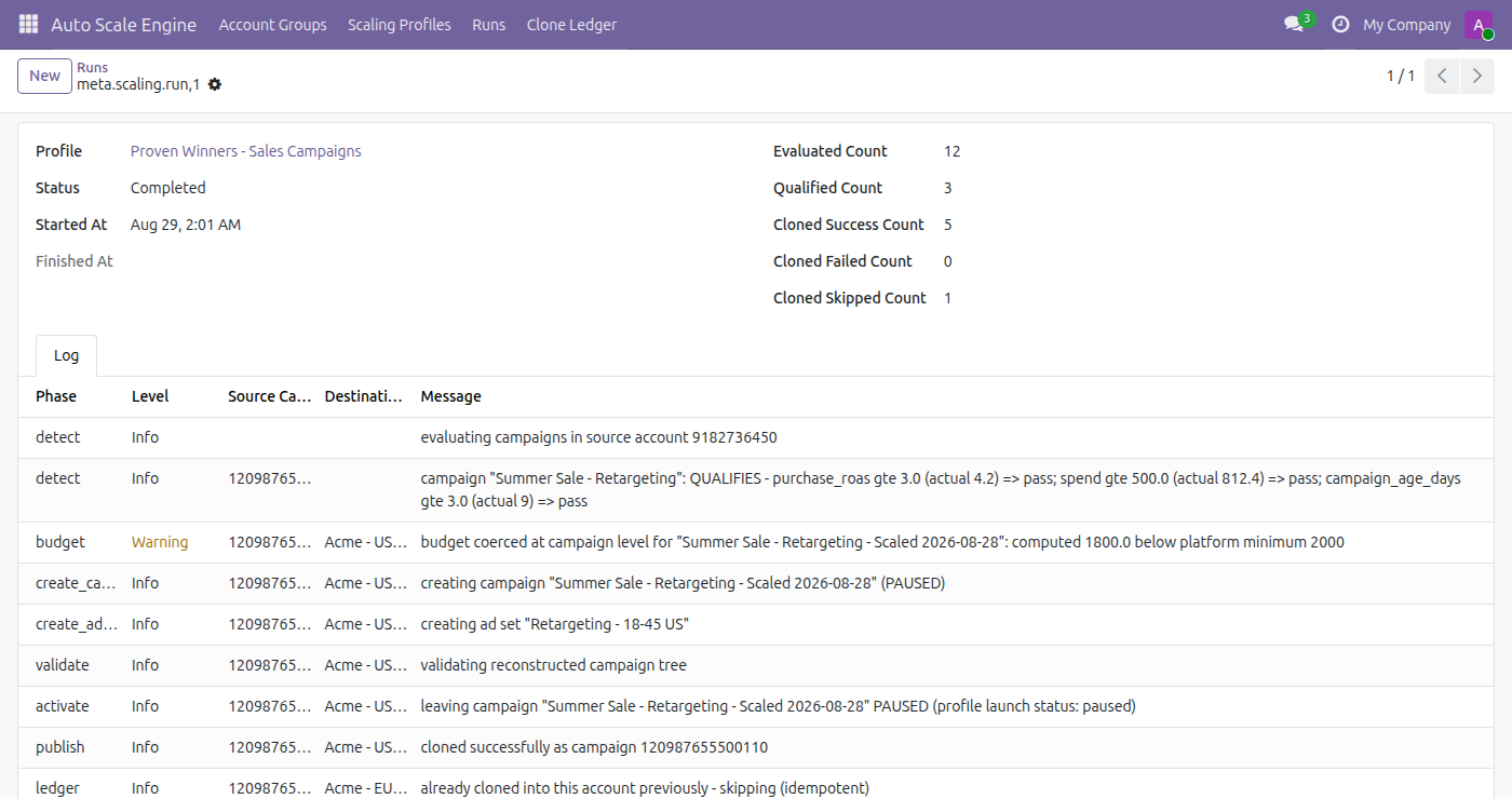 Auto Scale Engine in Odoo — screenshot run log