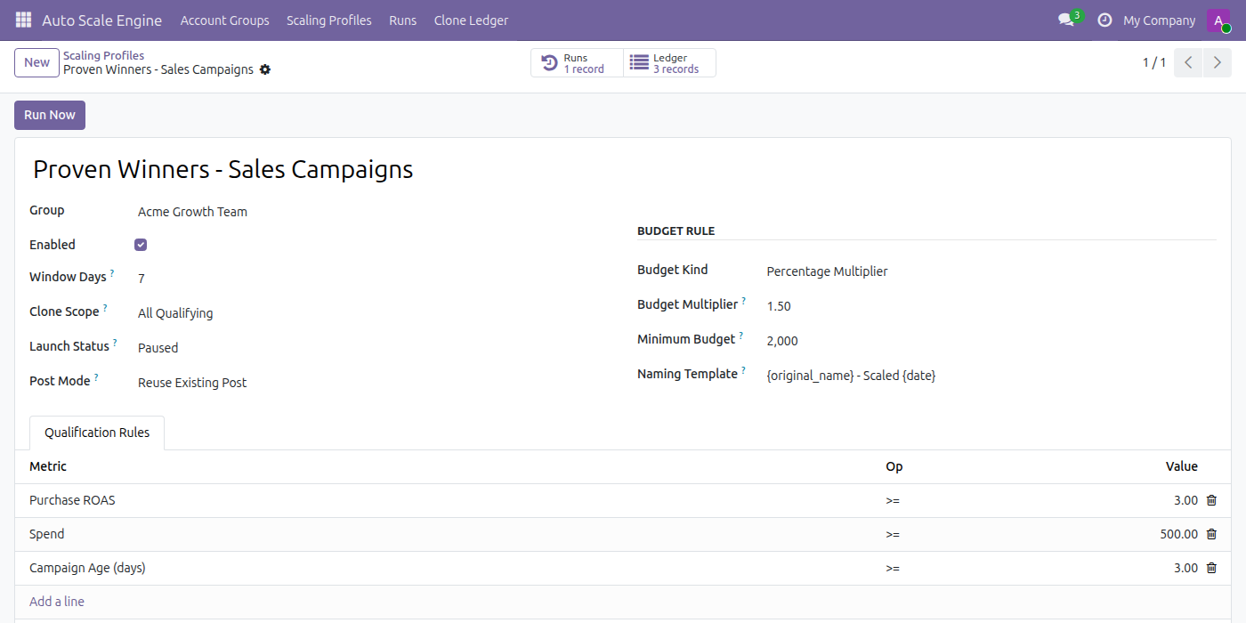 Auto Scale Engine in Odoo — screenshot scaling profile