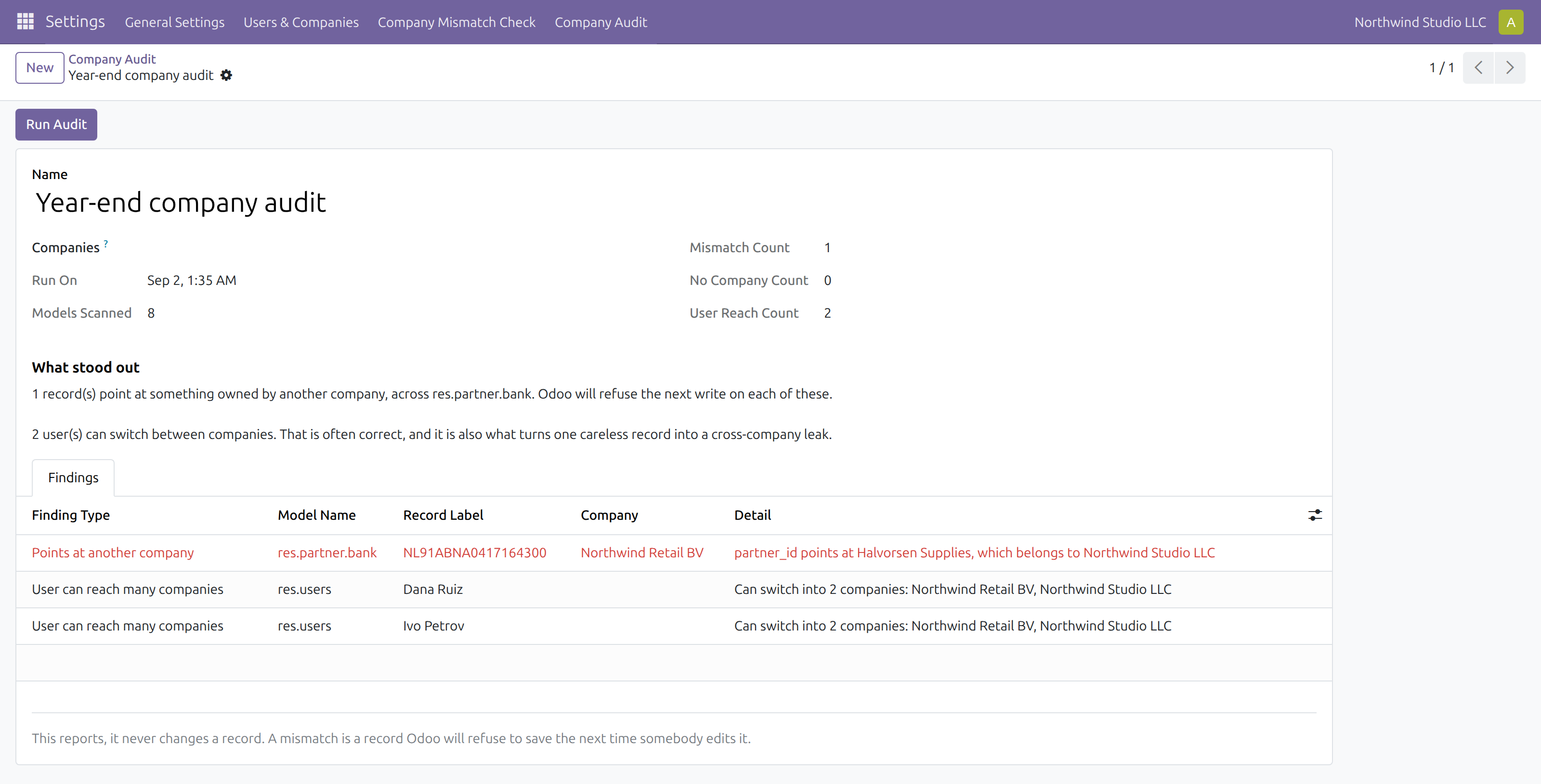 Company Audit in Odoo — screenshot audit