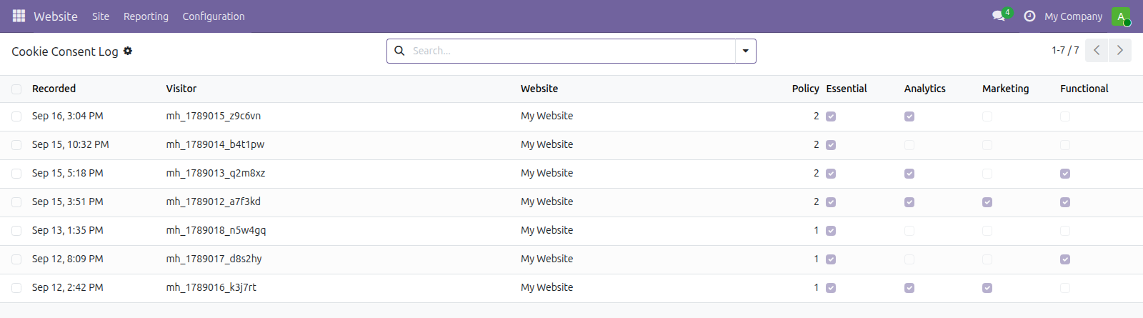 Cookie Consent Banner in Odoo — screenshot log