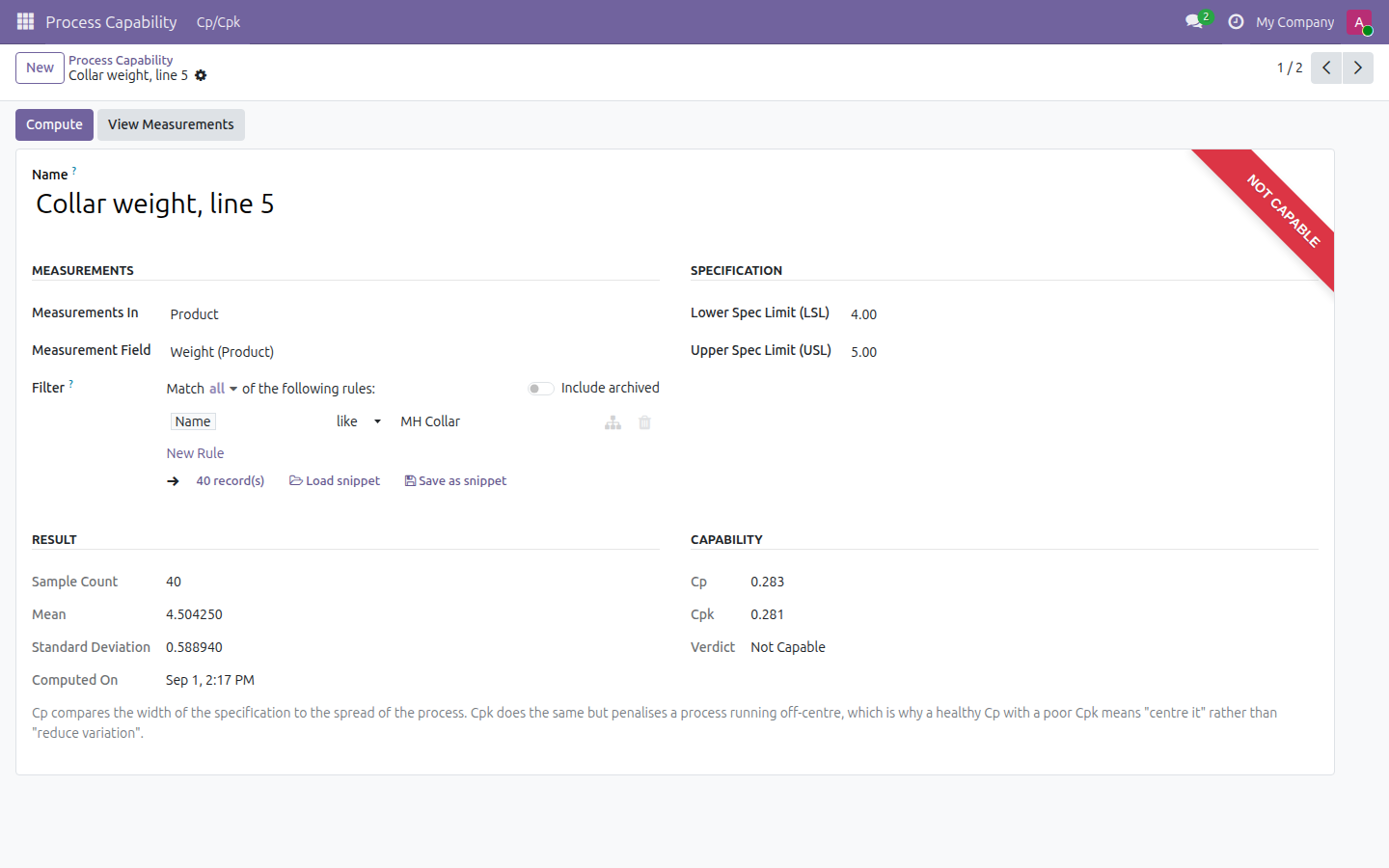 Cp/Cpk Calculator in Odoo — screenshot capability