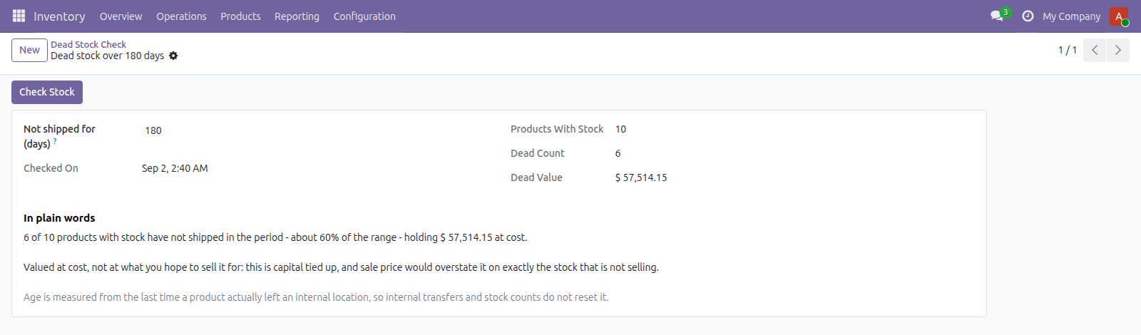 Dead Stock Check in Odoo — screenshot check