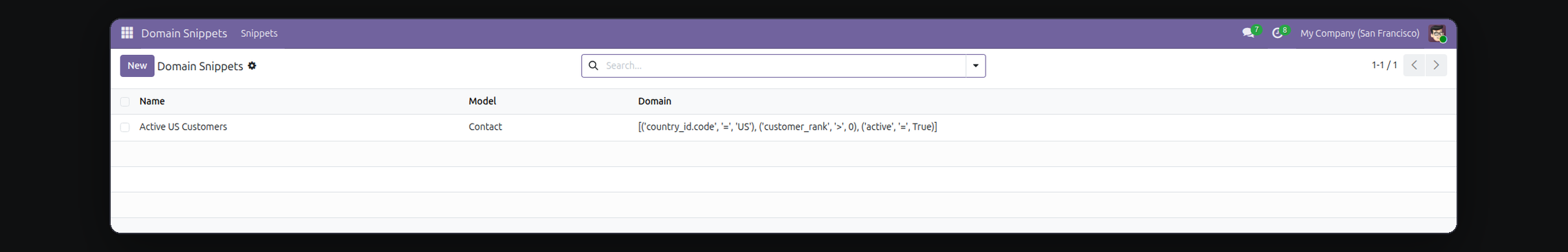 Domain Snippet Library in Odoo — screenshot snippets
