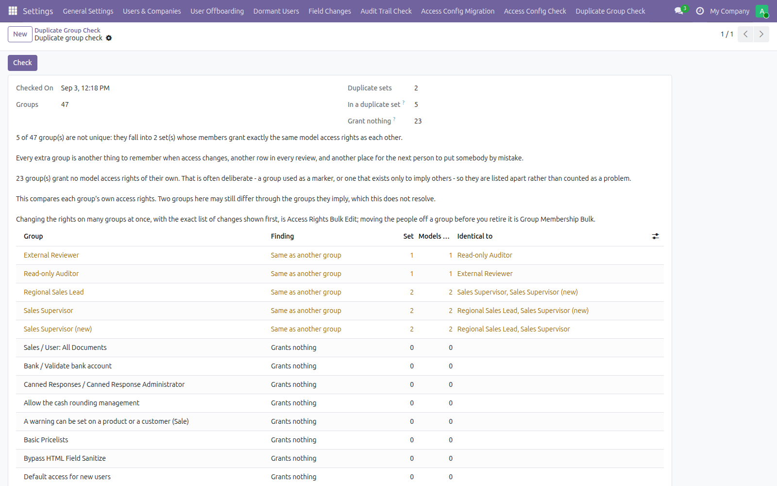 Duplicate Group Check in Odoo — screenshot check