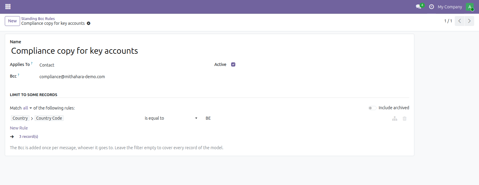 Email CC BCC Rules in Odoo — screenshot rules