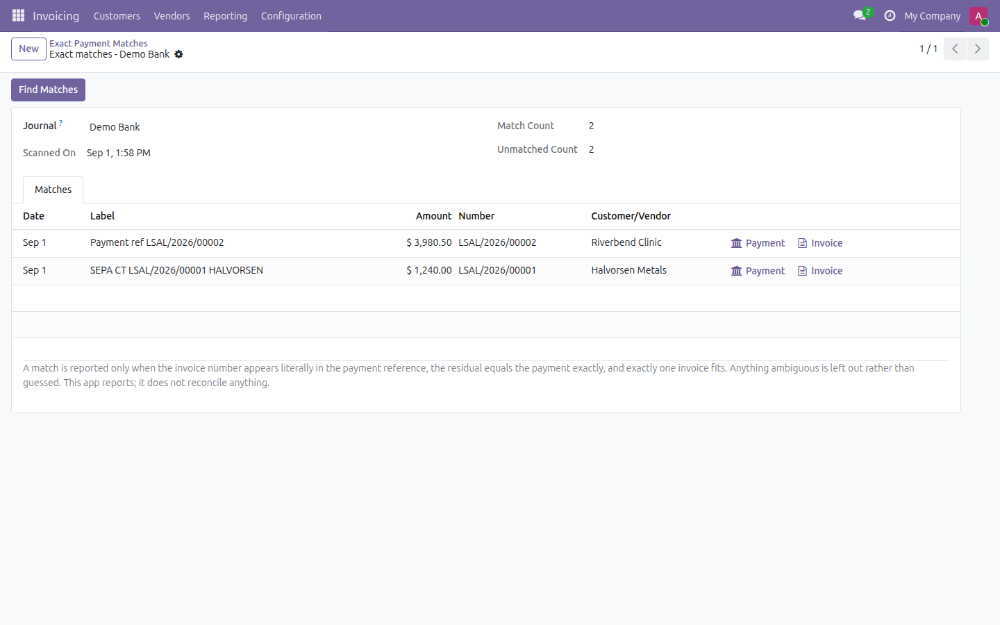 Exact Payment Matches in Odoo — screenshot matches