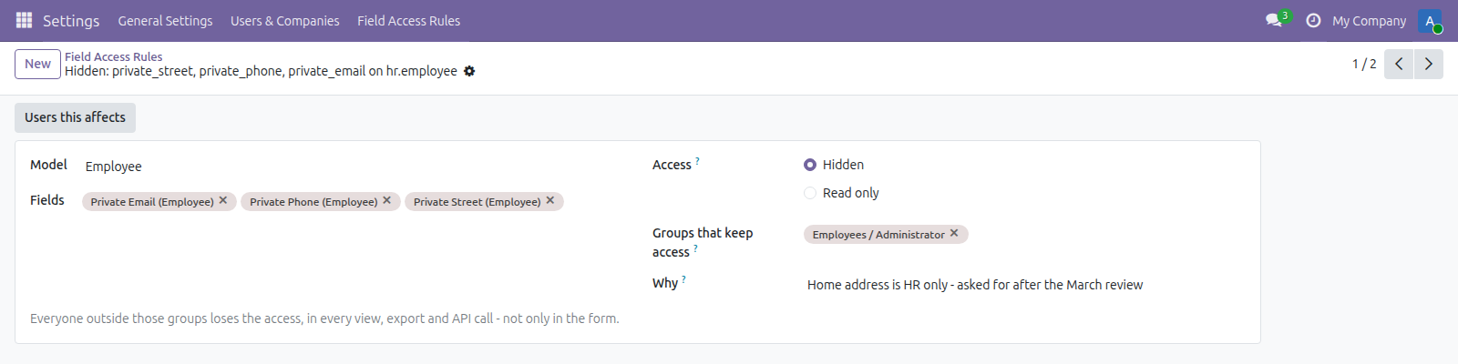 Field Access Rules in Odoo — screenshot rule