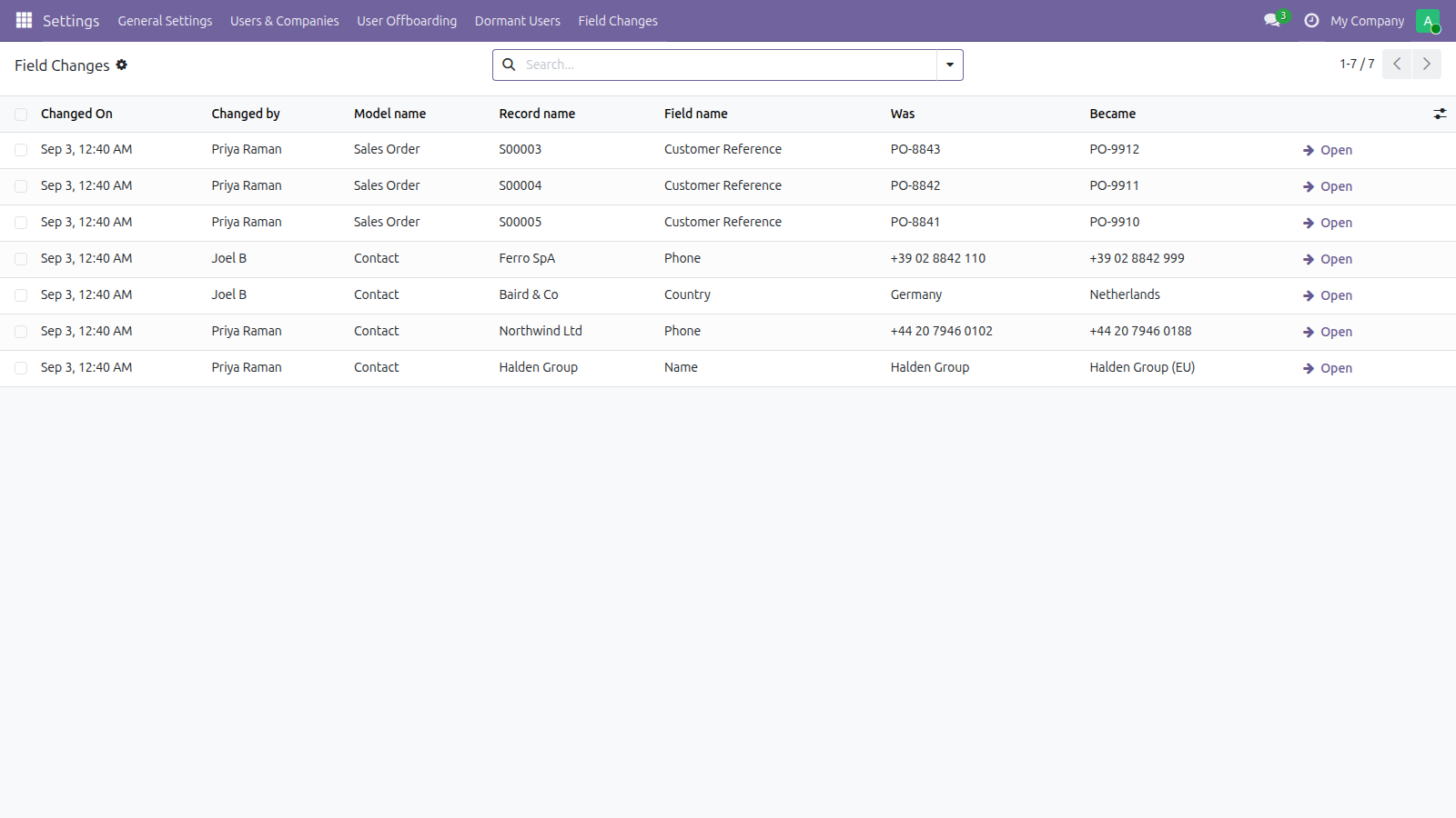 Field Change Log in Odoo — screenshot log