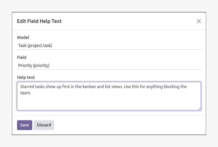 Field Help Text Editor in Odoo — screenshot dialog
