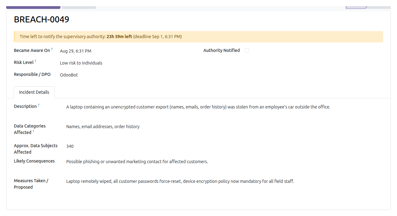 GDPR Breach Clock in Odoo — screenshot form