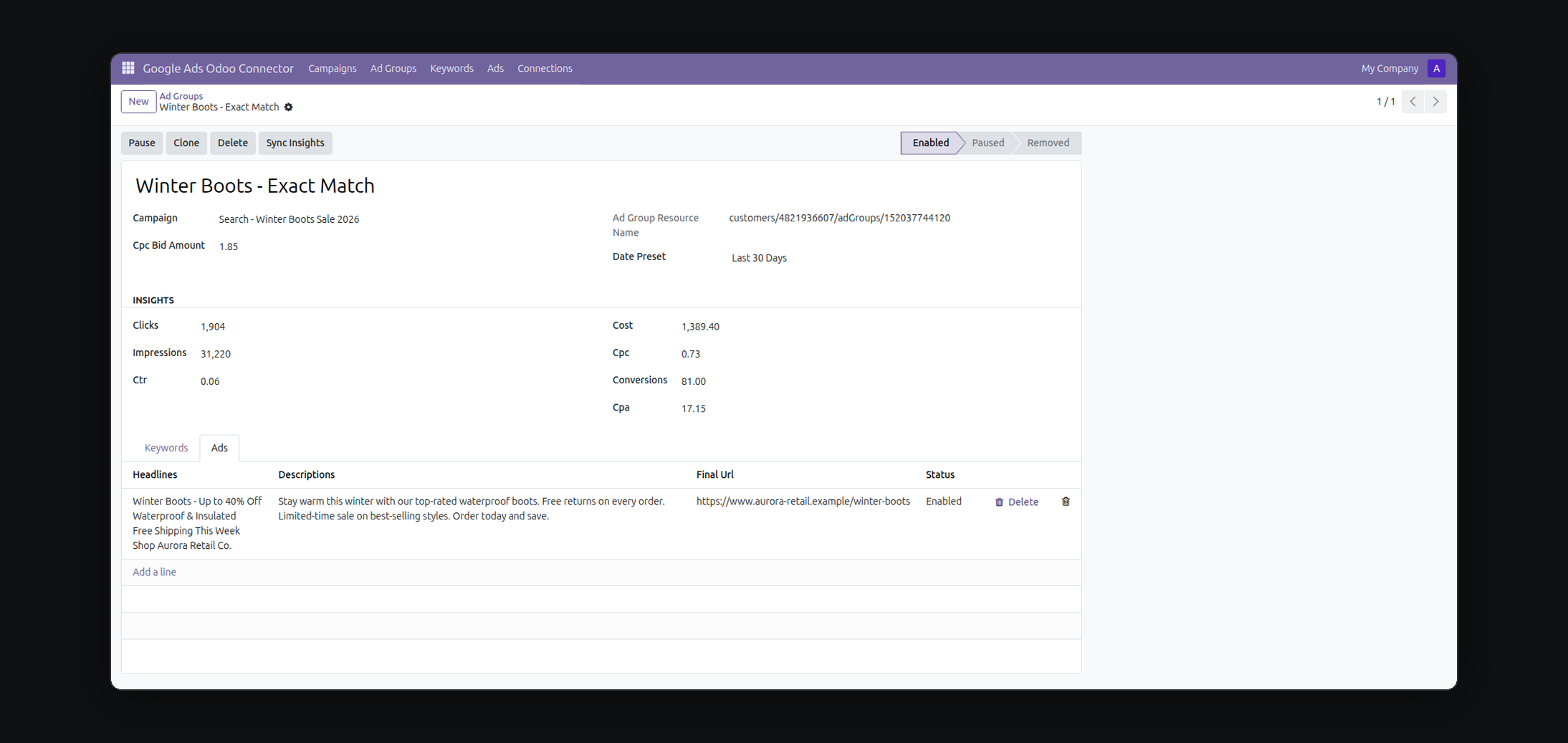 Google Ads Odoo Connector in Odoo — screenshot ads