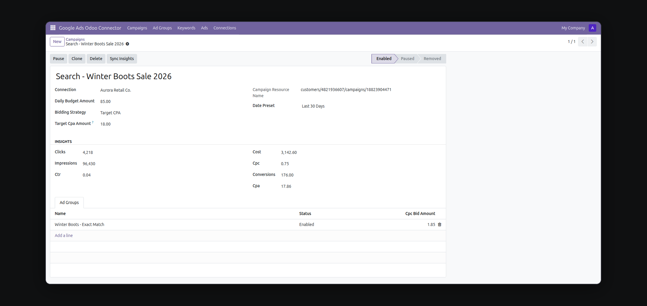 Google Ads Odoo Connector in Odoo — screenshot campaign