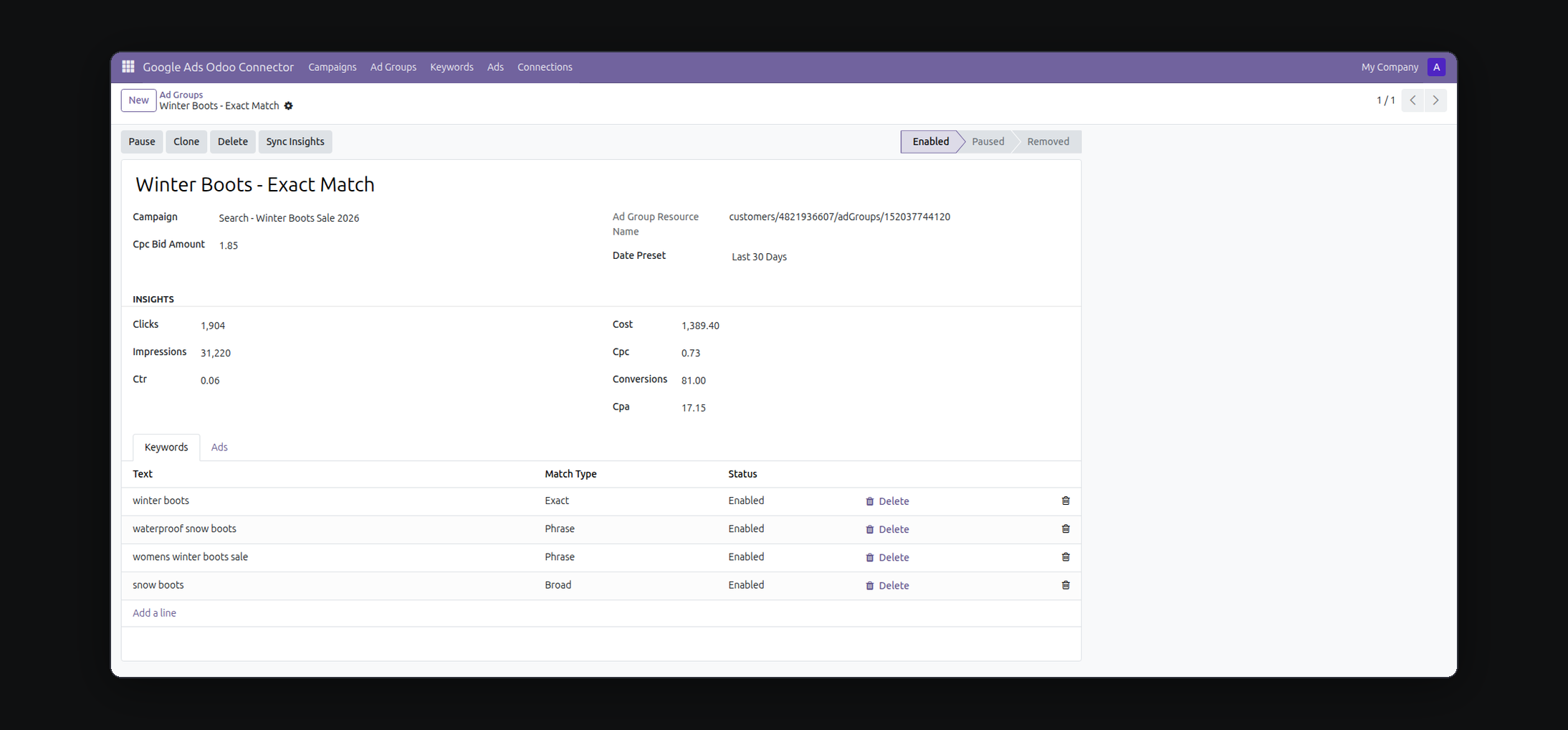 Google Ads Odoo Connector in Odoo — screenshot keywords