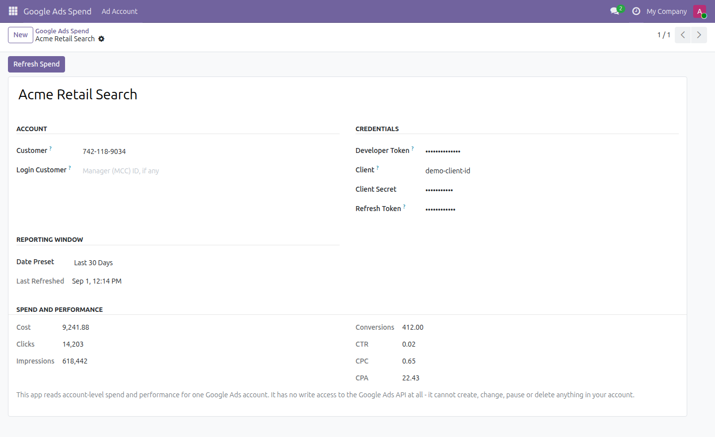 Google Ads Spend Monitor in Odoo — screenshot spend