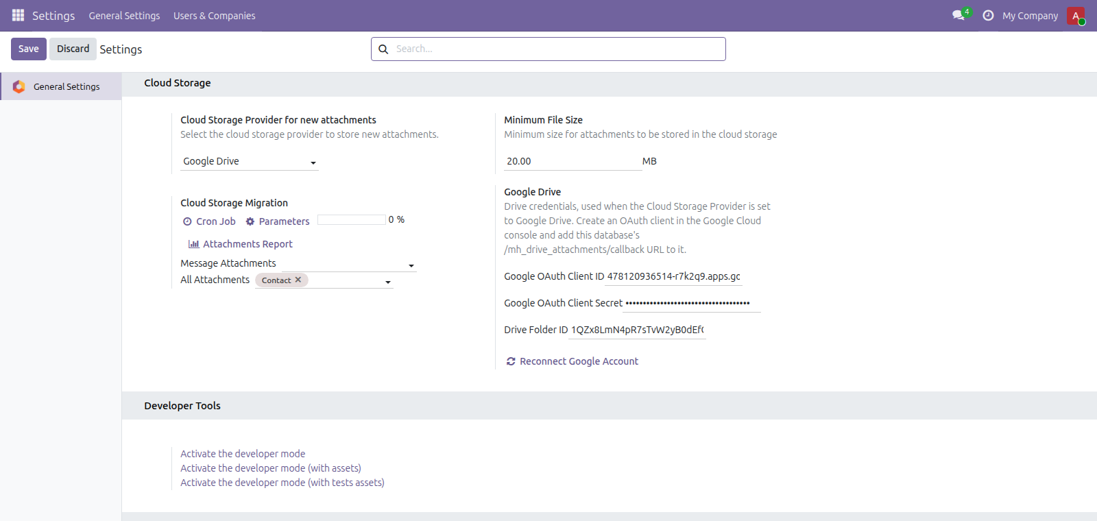 Google Drive Attachments in Odoo — screenshot settings