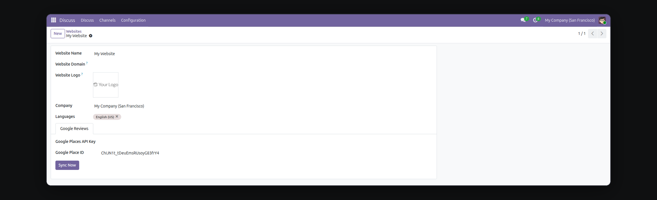 Google Reviews Snippet in Odoo — screenshot settings