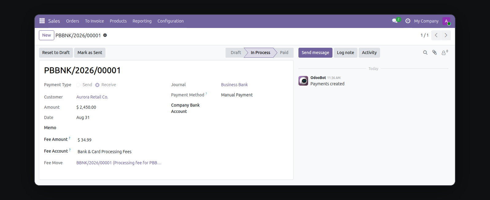 Journal Control in Odoo — screenshot payment