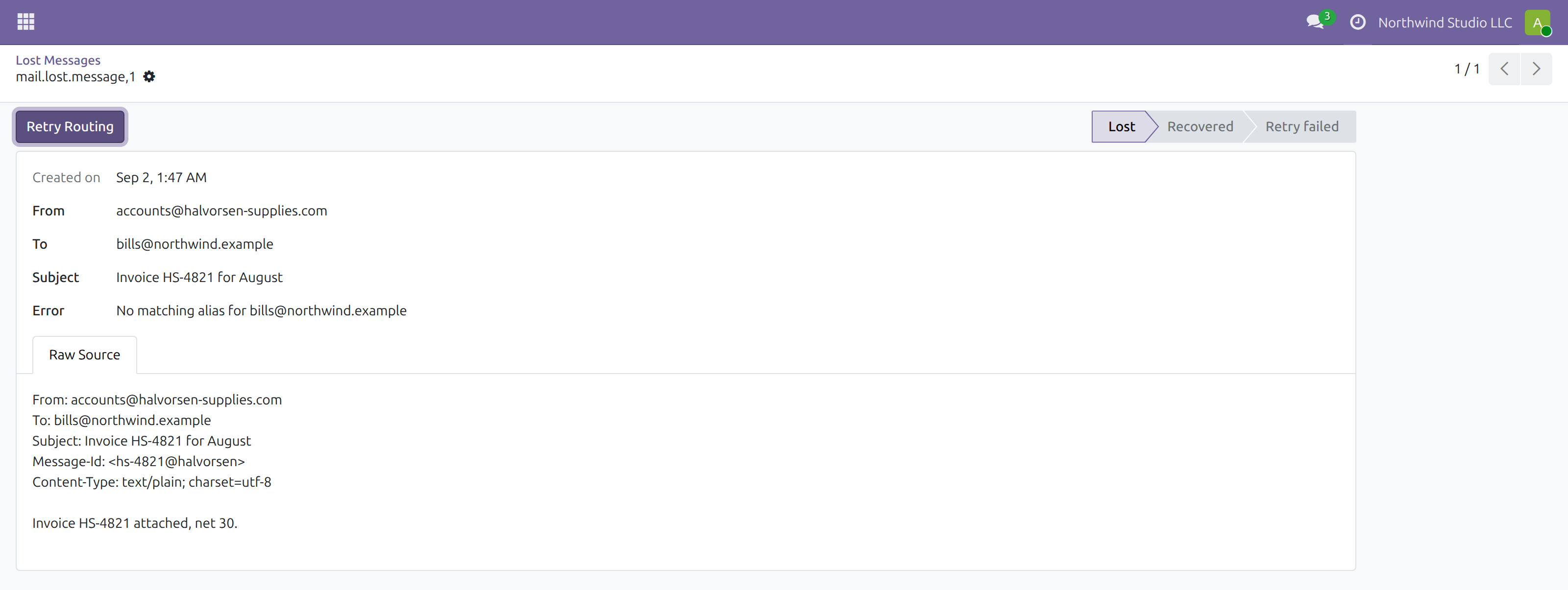 Lost Message Recovery in Odoo — screenshot message