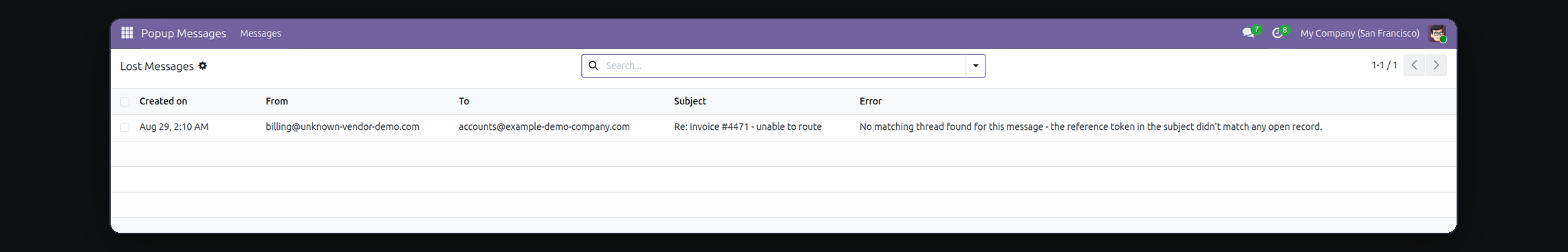 Lost Messages Routing in Odoo — screenshot lost messages