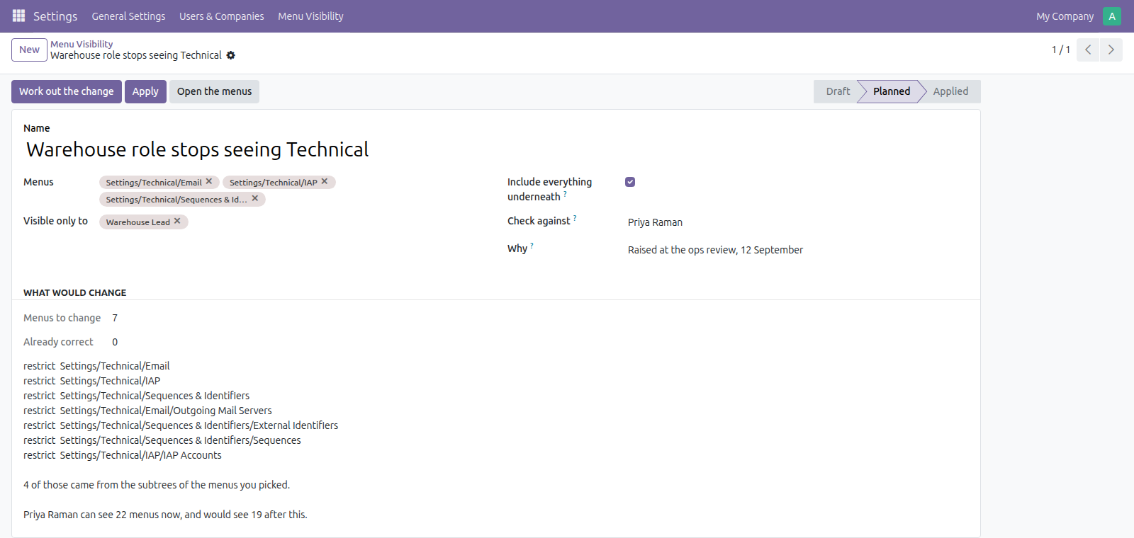Menu Visibility in Odoo — screenshot plan