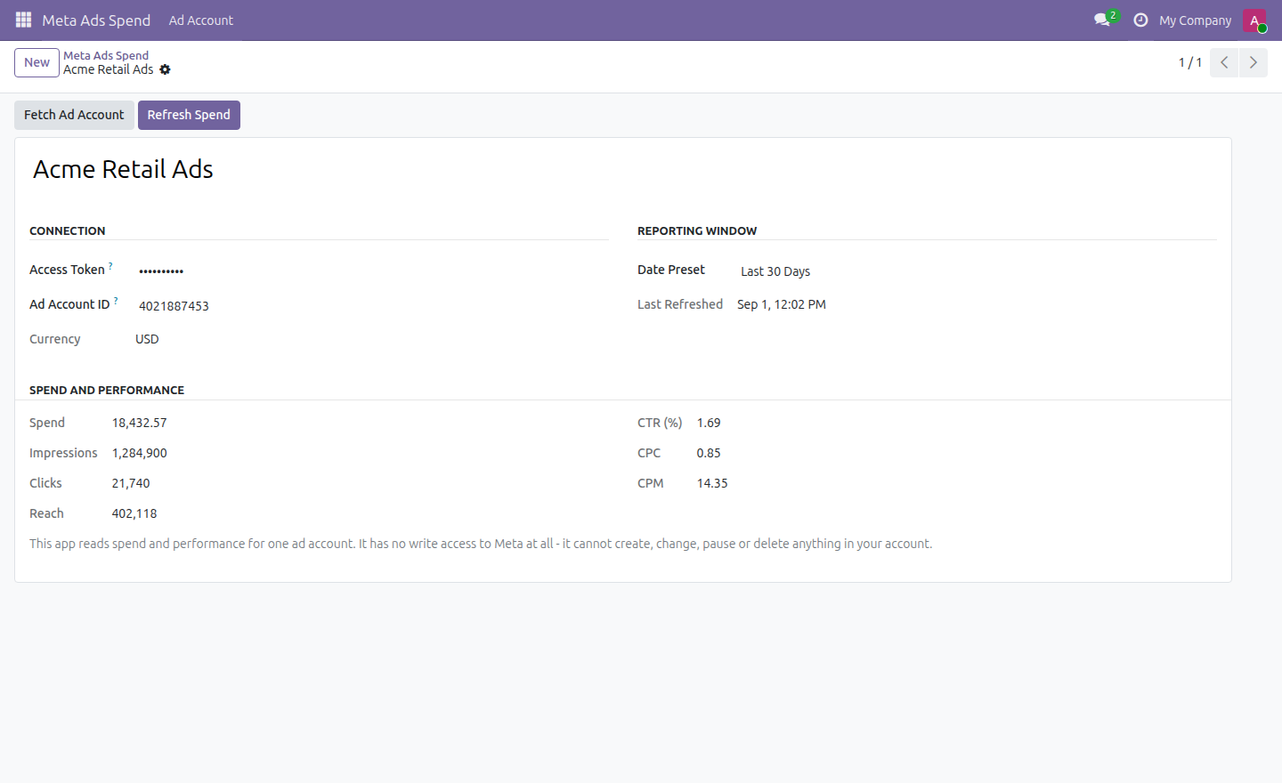 Meta Ads Spend Monitor in Odoo — screenshot spend
