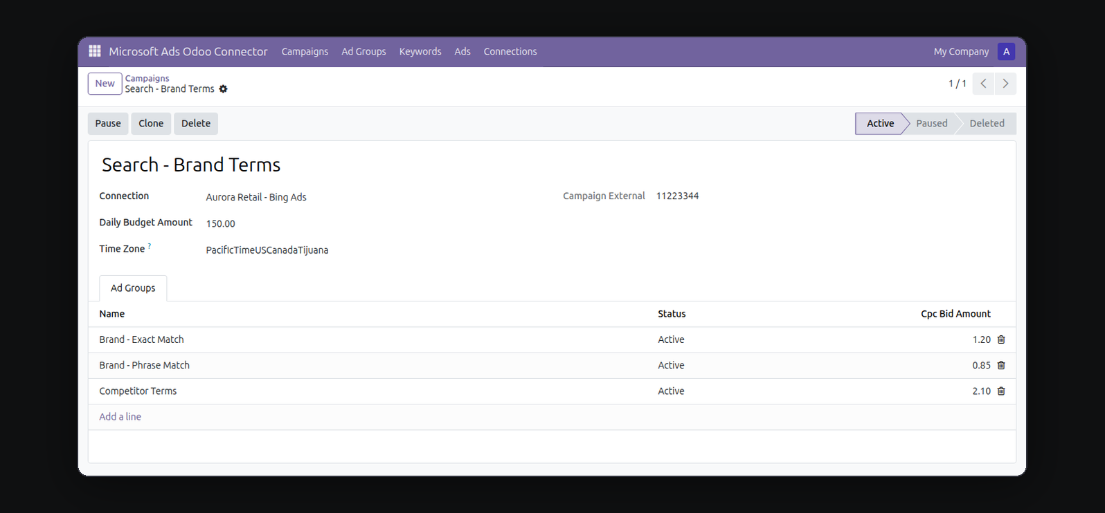 Microsoft Ads Connector in Odoo — screenshot campaign