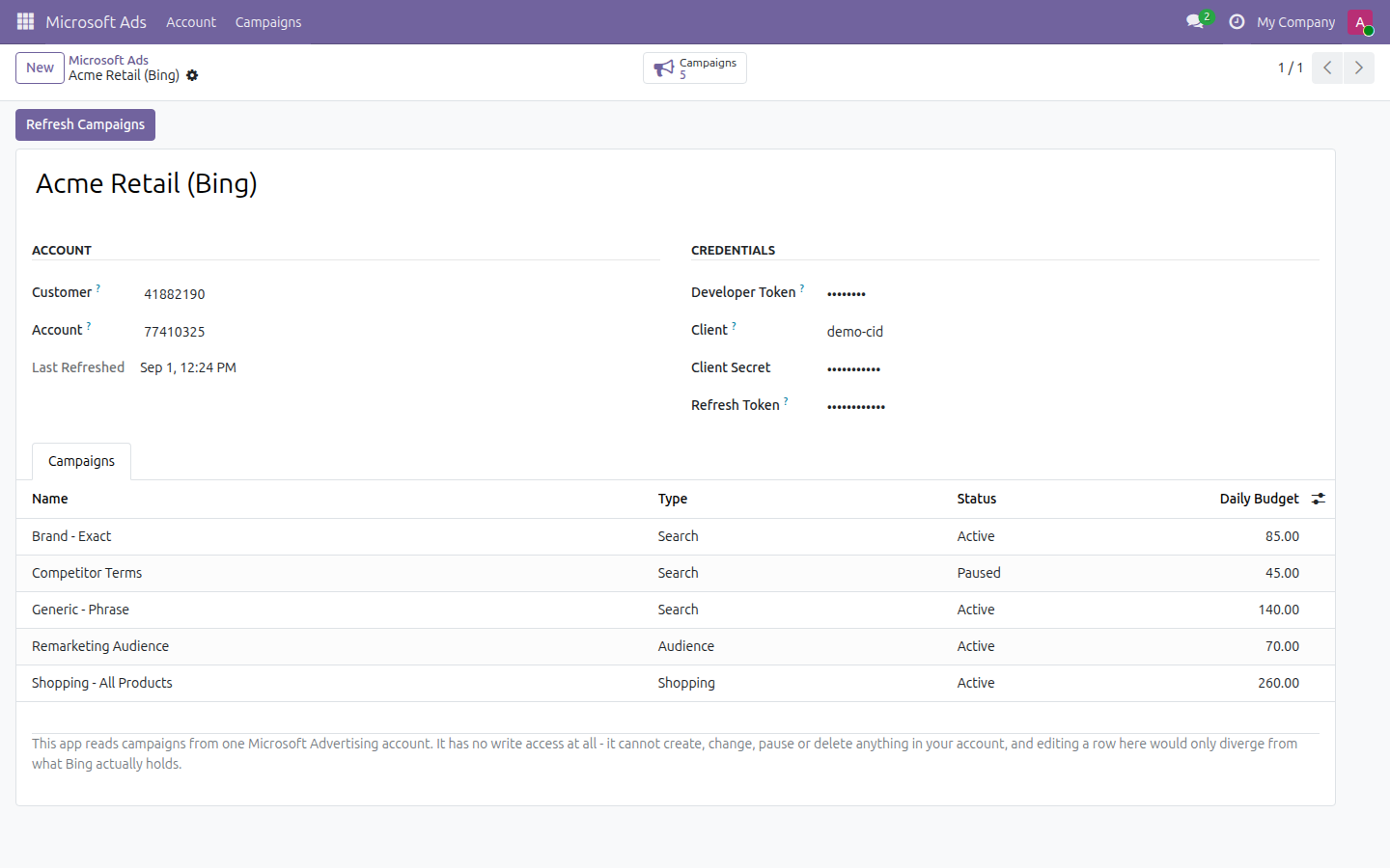 Microsoft Ads Viewer in Odoo — screenshot campaigns