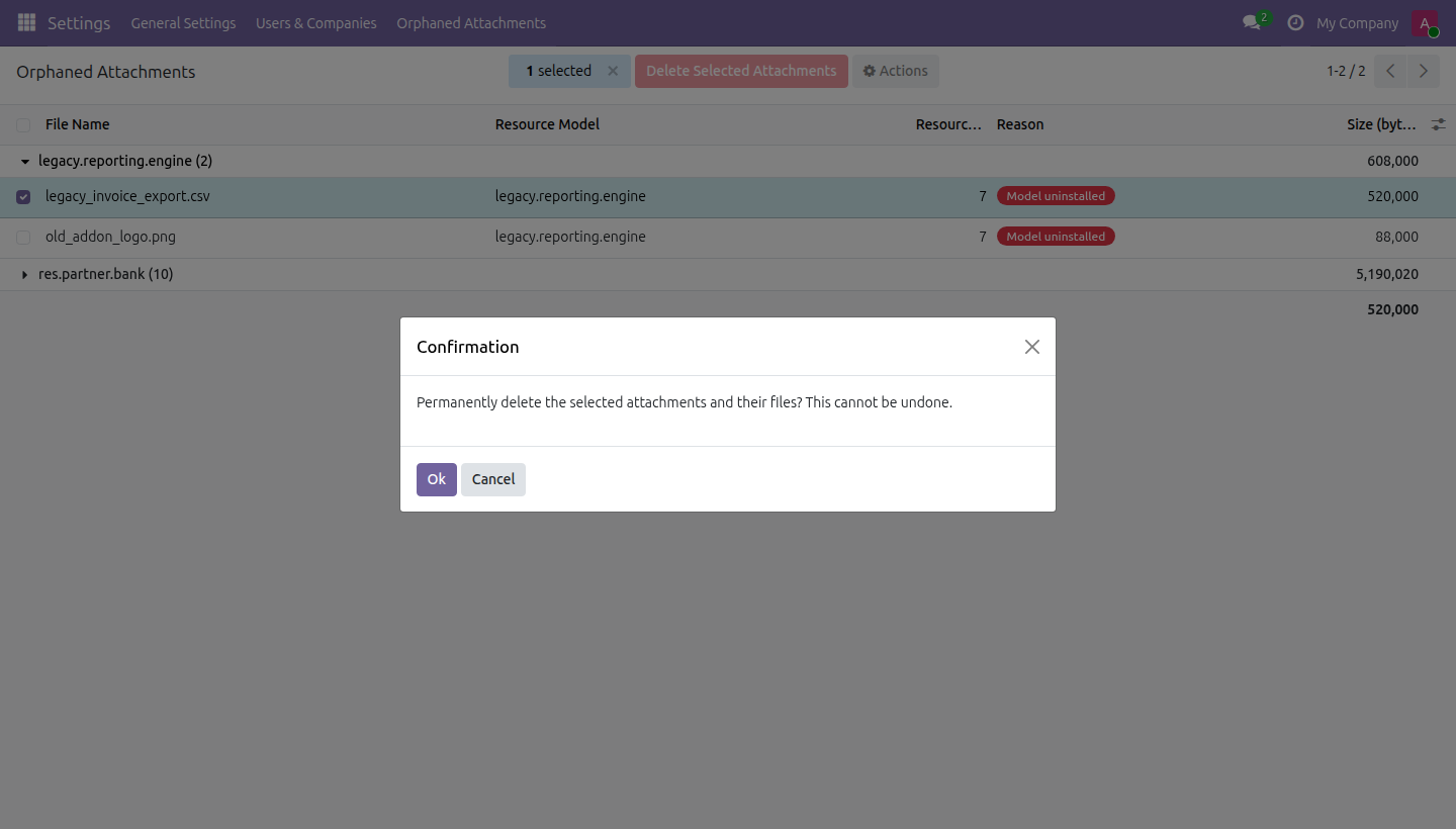 Orphaned Attachment Scan in Odoo — screenshot confirm