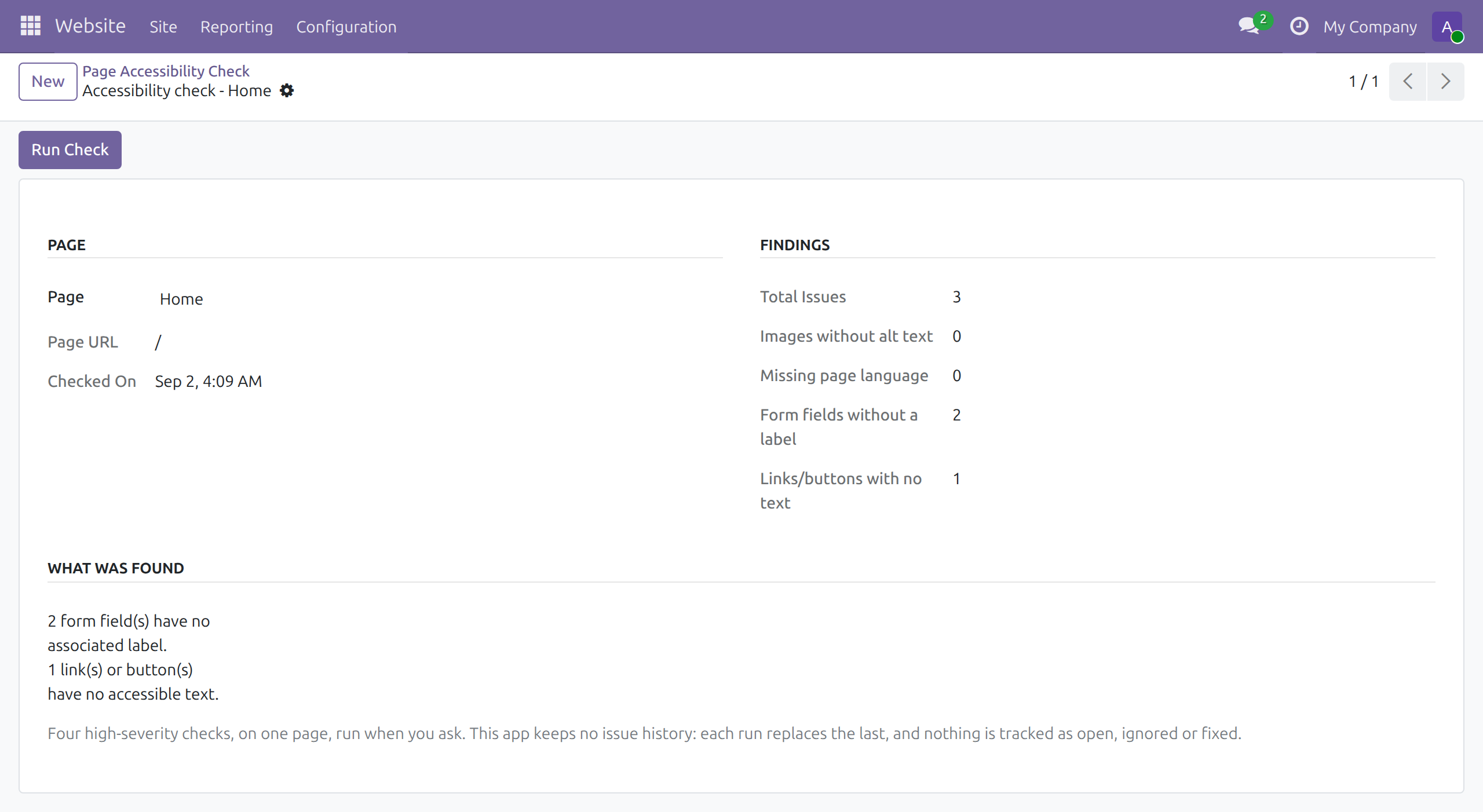Page Accessibility Check in Odoo — screenshot check