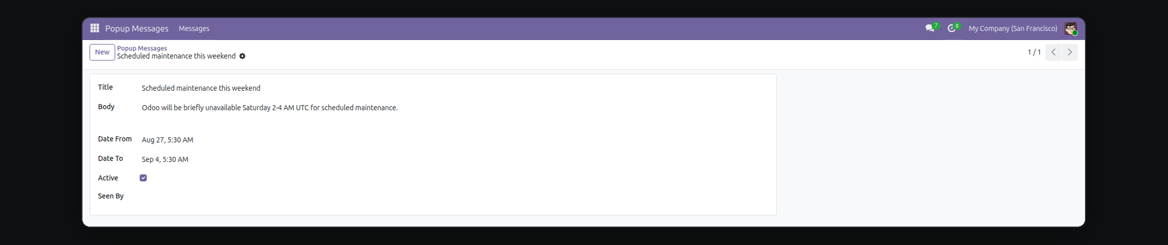Popup Message in Odoo — screenshot message