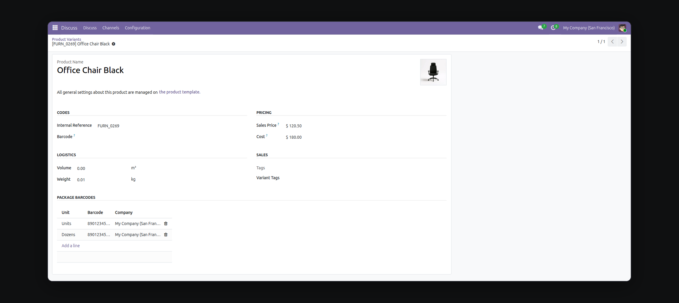 Product Package Barcodes in Odoo — screenshot barcodes