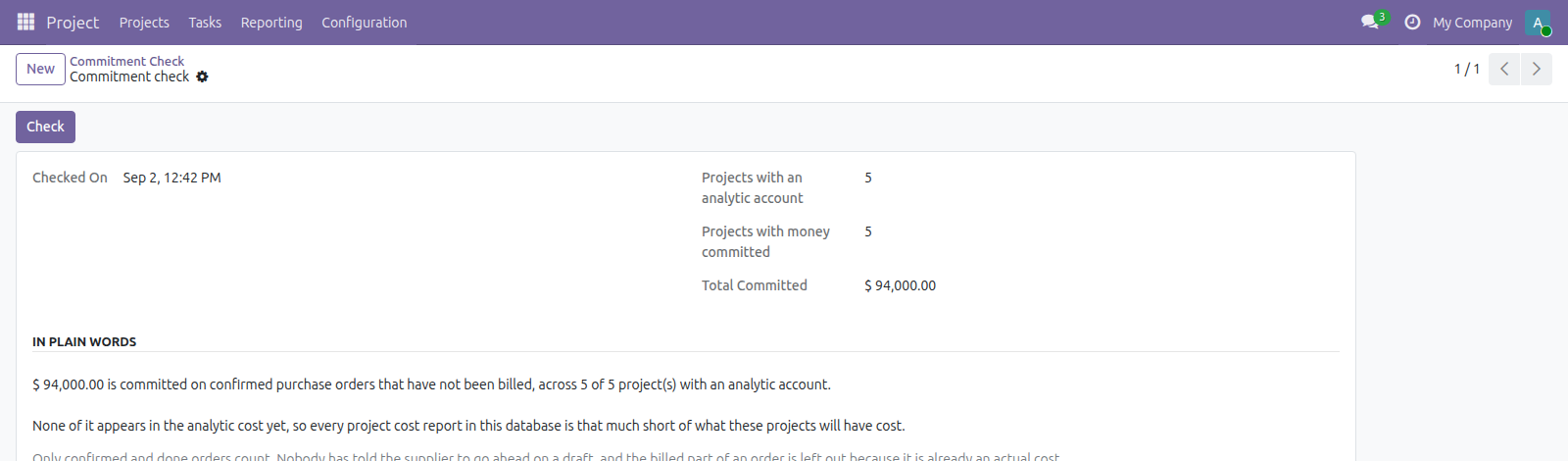 Project Commitment Check in Odoo — screenshot check