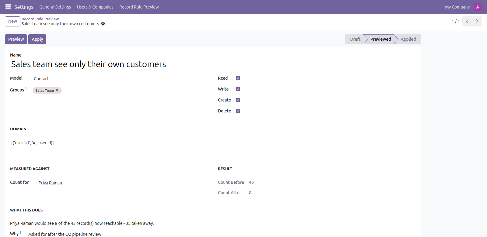 Record Rule Preview in Odoo — screenshot preview