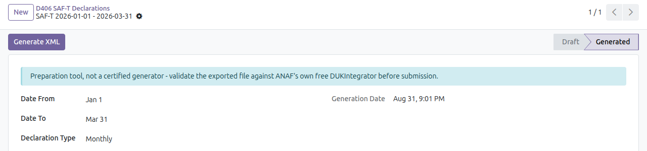 Romania SAF-T Exporter in Odoo — screenshot declaration